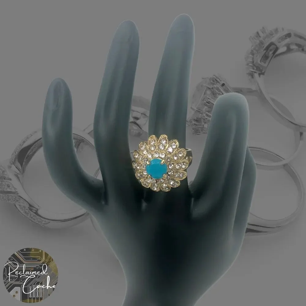 Gold and Blue Rhinestone Statement Ring - Size 8